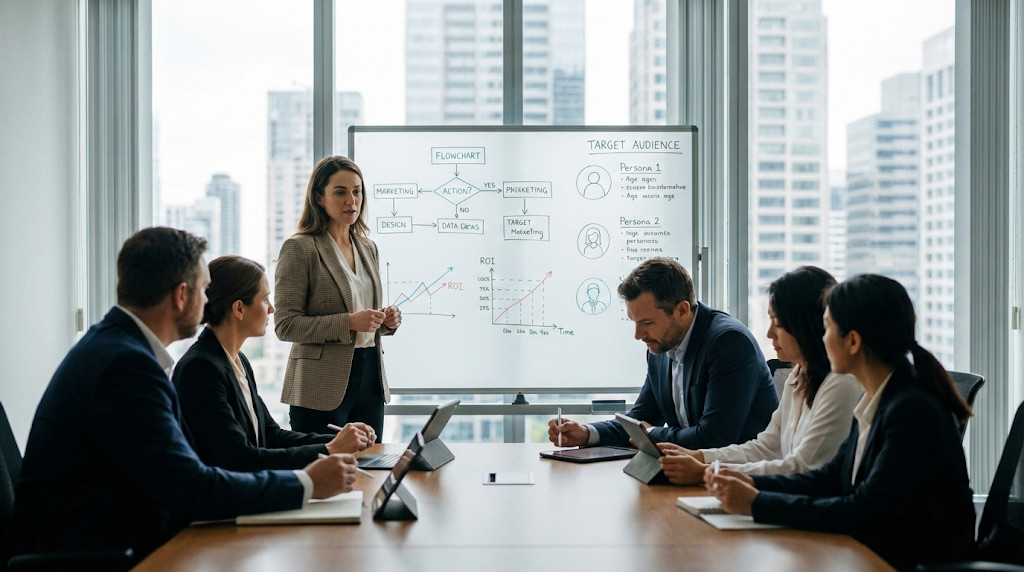 A Corporate Strategy Meeting Where A Marketing Team Defines Video Objectives And ROI Metrics On A Glass Whiteboard
