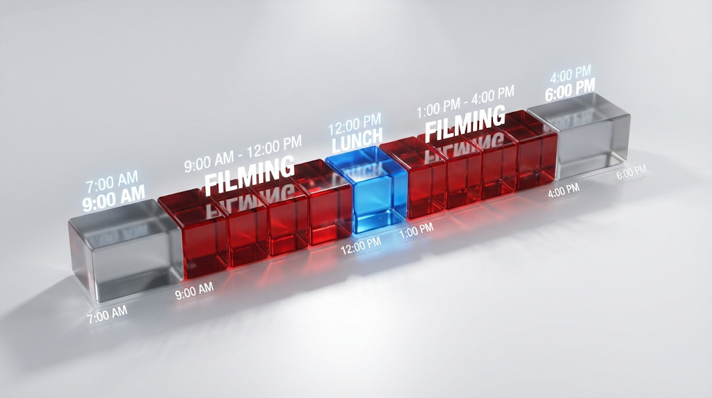 Hourly Timeline Of A Video Production Day Showing That Setup And Breakdown Take Up Significant Time Compared To Actual Filming