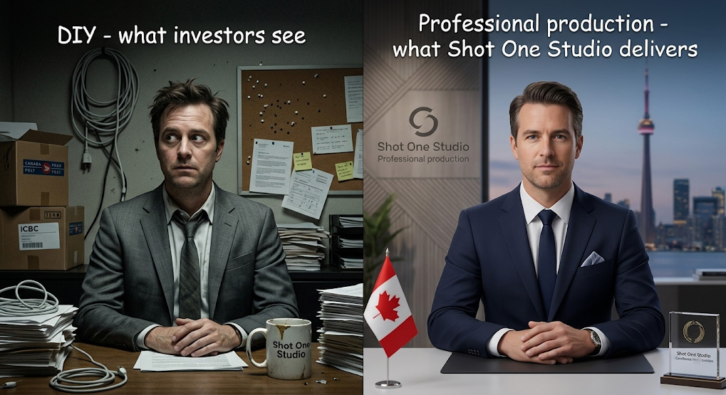 Executive on-camera DIY versus professional video quality comparison - investor relations corporate video Toronto