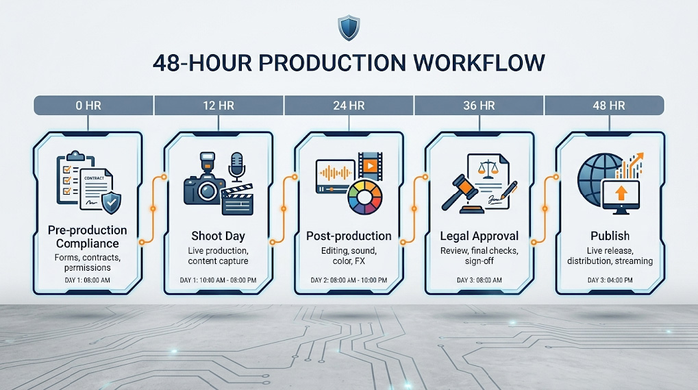 48-hour professional corporate video production workflow for Toronto regulated industries - compliance-parallel pre-production and legal approval process