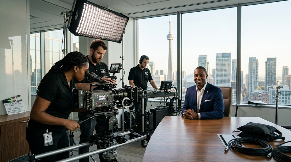 Shot One Studio professional video production team on location in Toronto - corporate and regulated industry video production