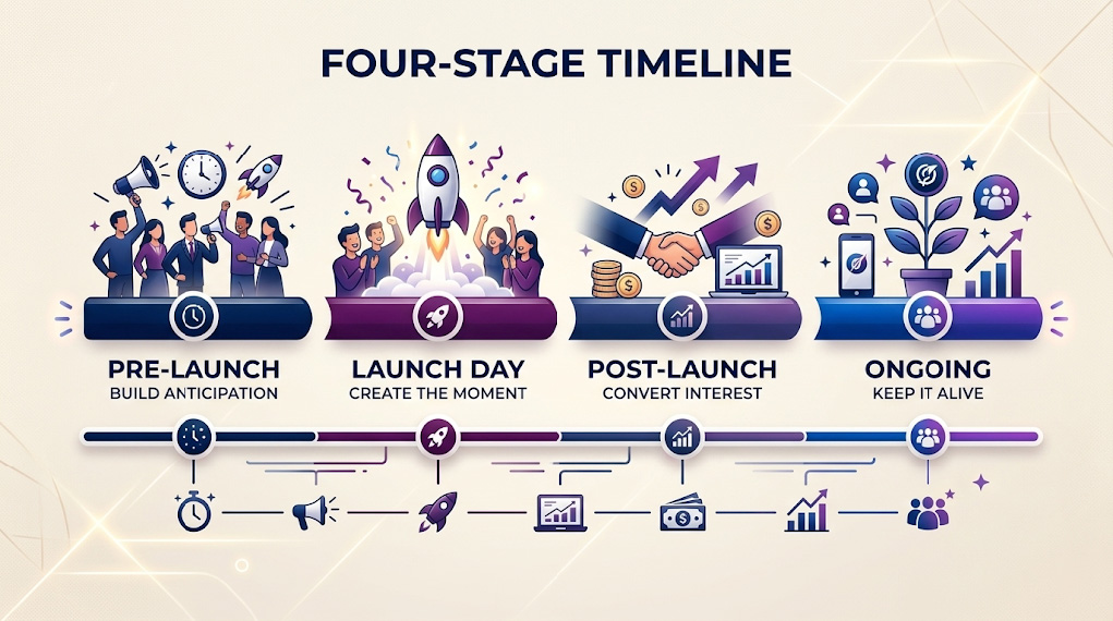 Strategic planning for product launch marketing video Canada - creative assets and equipment on a navy background
