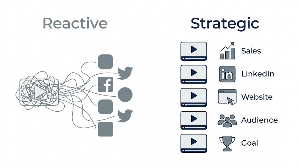 Comparing reactive vs. strategic product launch video planning - showing multiple assets vs. one-size-fits-all approach