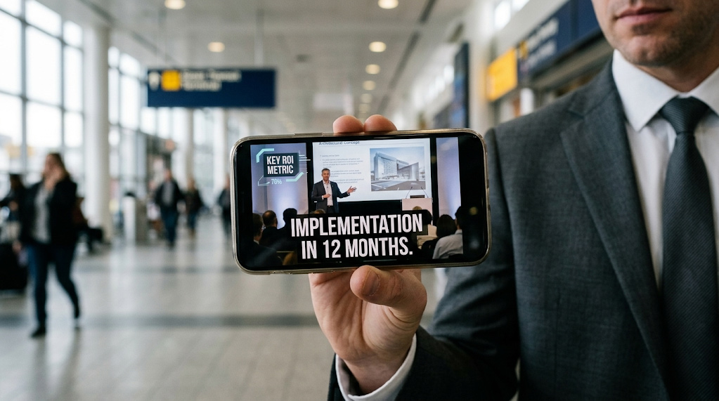 A close-up of a mobile phone playing a corporate video with silent scrutiny enabled