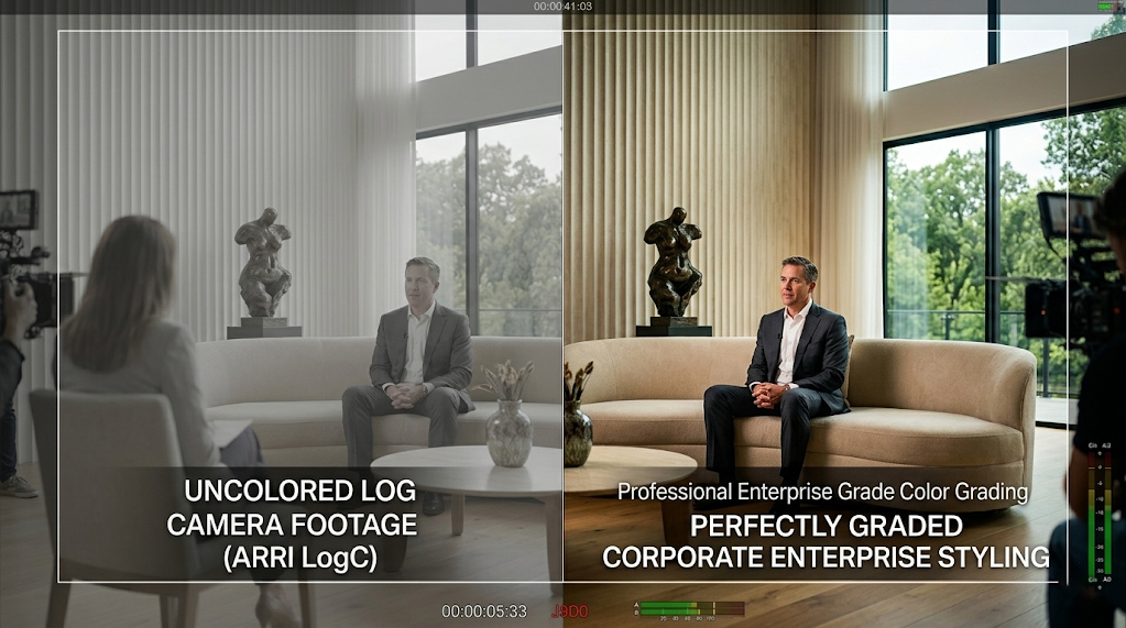 Before and after comparison of company video editing color grading using a standardized look-up table