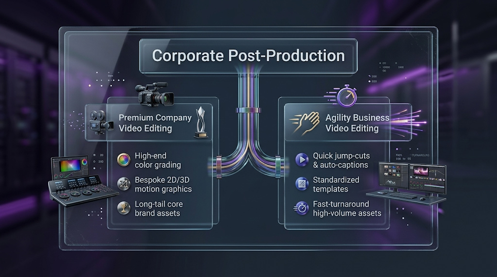 A graphic dividing post-production into premium company video editing and agile business video editing tracks