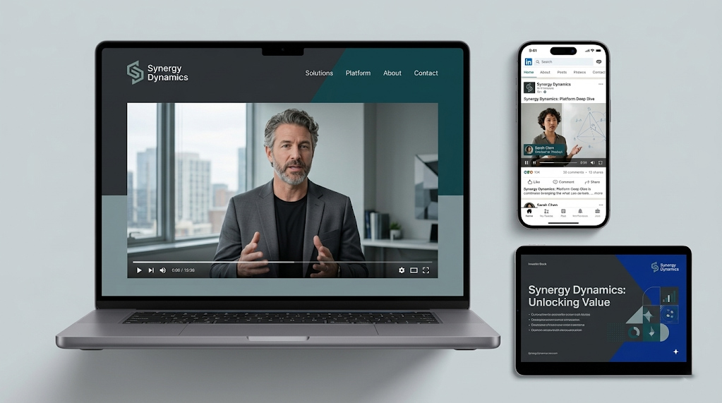 Digital mockups showing a founder brand building video displayed on LinkedIn, a startup website, and an investor deck