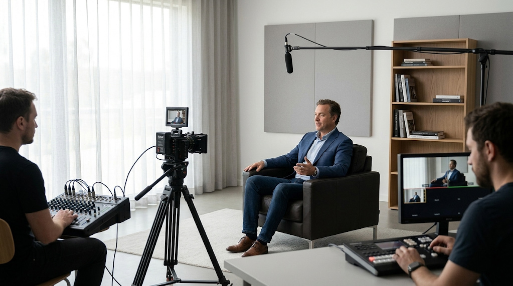 An off-camera interview setup showing a founder looking at a director next to the camera lens instead of a teleprompter