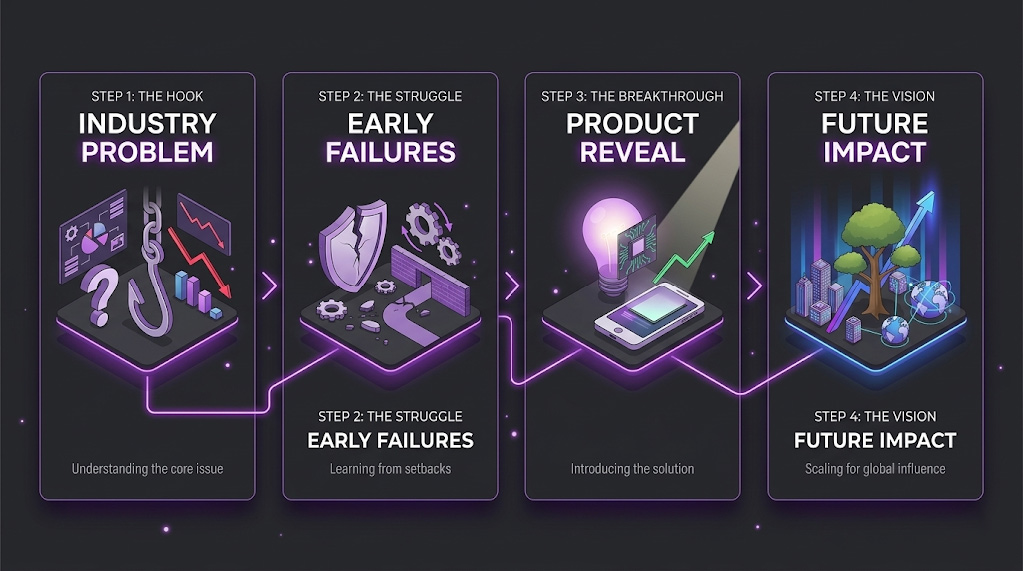 Infographic displaying the 4-part founder narrative framework for video marketing scripts