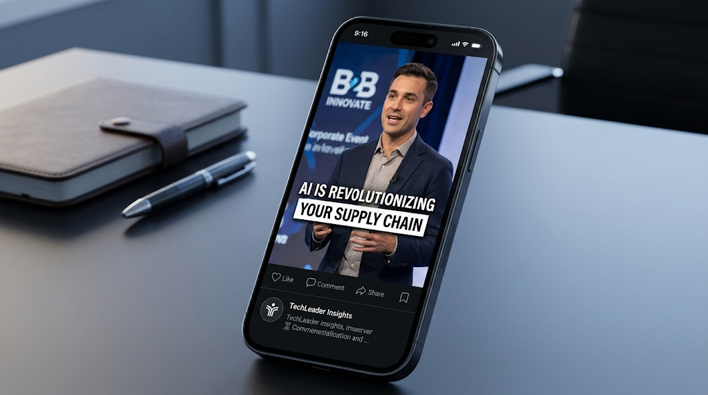 A 9:16 vertical mobile video mockup with burned-in captions for a founder's social media strategy