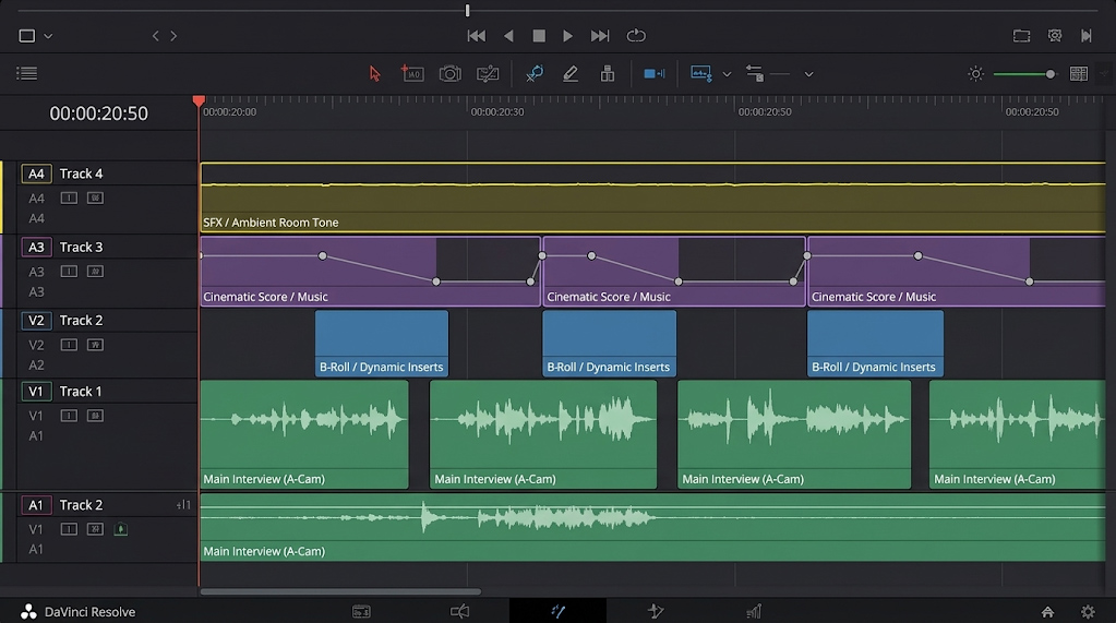 Professional DaVinci Resolve video editing timeline workflow for a Shot One Studio founder story video